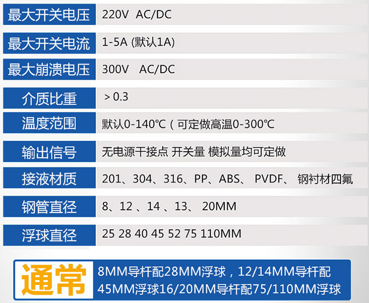 高液位浮球液位計(jì)技術(shù)參數(shù)對照表